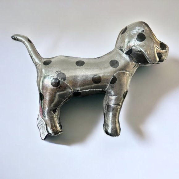 PINK Victoria Secret Metallic Silver & Black Polka Dot Stuffed Dog - Picture 1 of 5